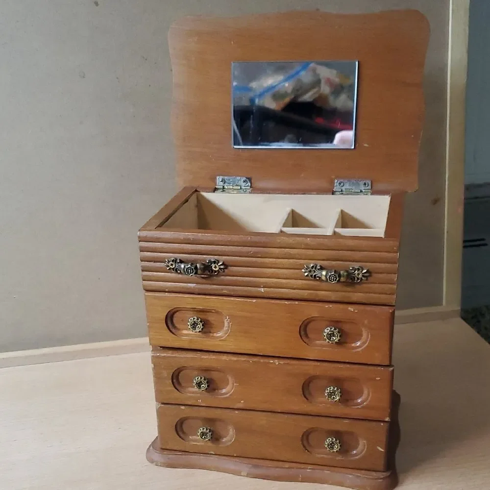 Vintage Wooden Jewelry Organizer with Mirror Trinket Box Hinged Cage